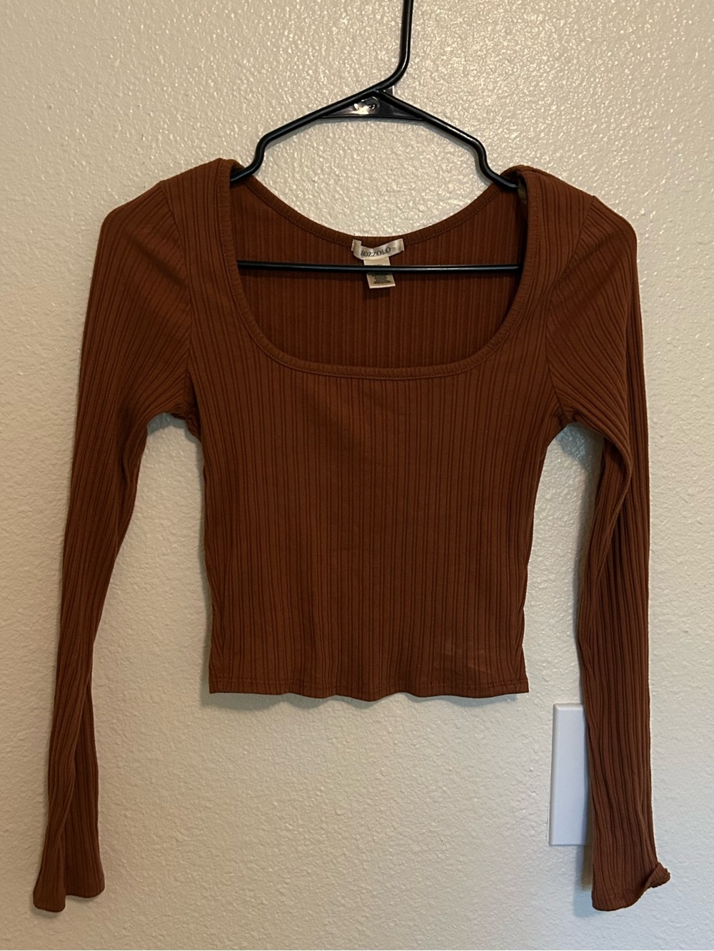 Bozzolo Ribbed Long-Sleeve Square Neck Crop Top - Brown